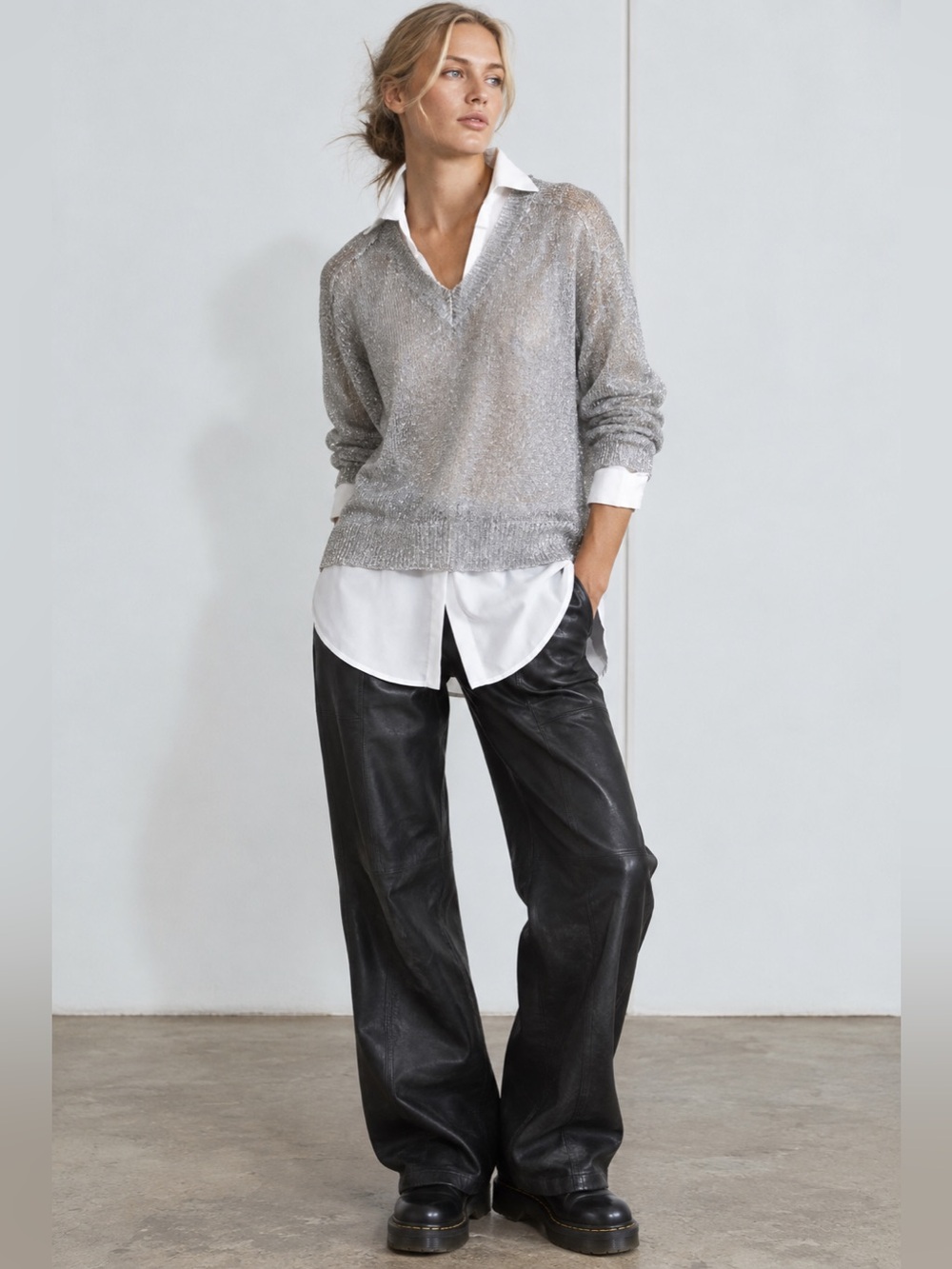 Hand Crafted Metallic Silver Crewneck Sweater